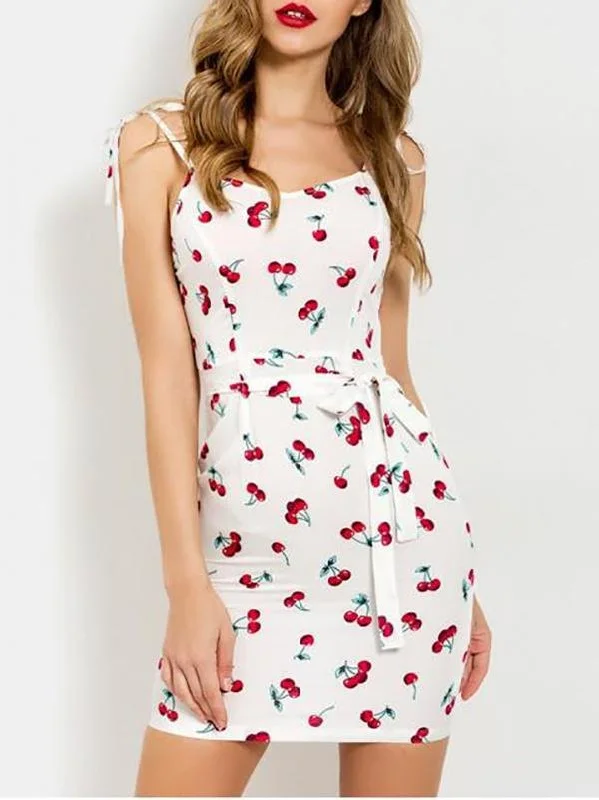 Cherry Print Belted Cami Dress