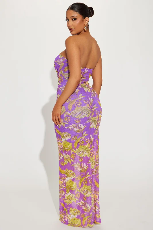 Evelyn Tropical Mesh Maxi Dress - Purple