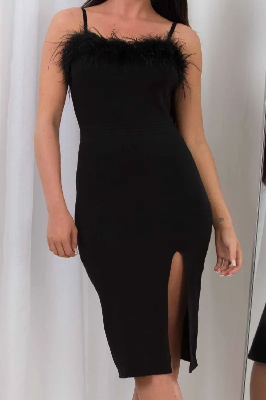 Feather Trim Midi Dress With Side Slit Black