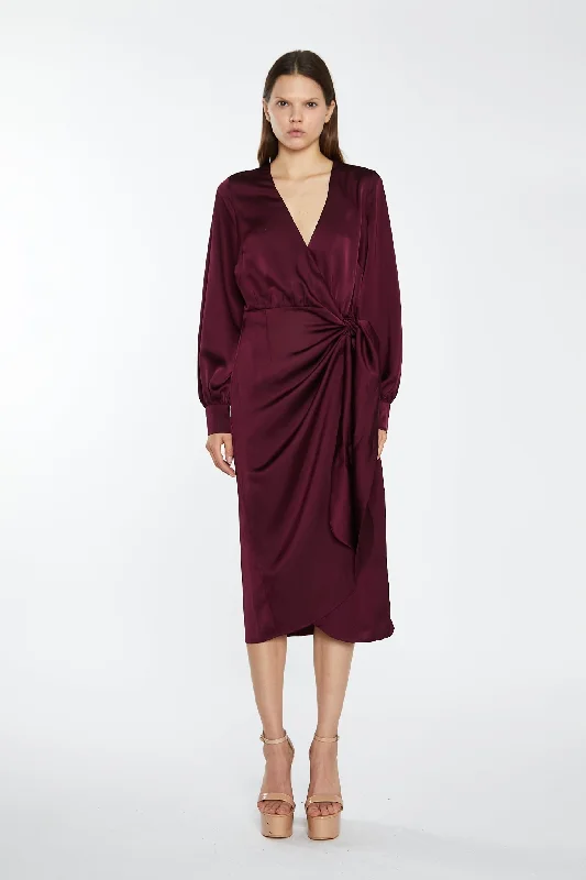 Deep Burgundy Satin Long-Sleeve Wrap Midi-Dress