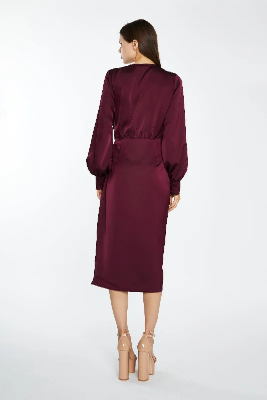 Deep Burgundy Satin Long-Sleeve Wrap Midi-Dress