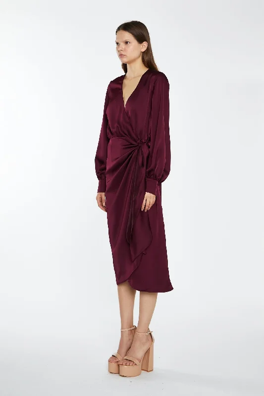 Deep Burgundy Satin Long-Sleeve Wrap Midi-Dress