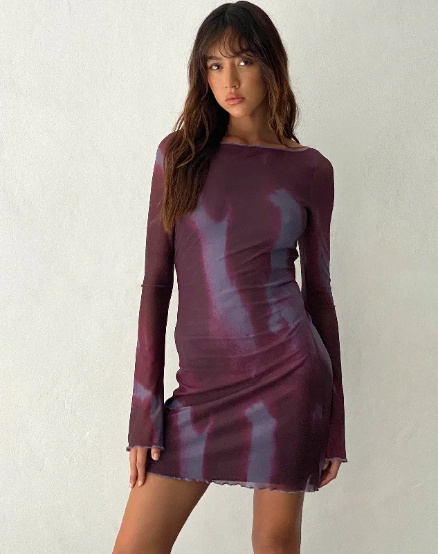 Sevila Long Sleeve Mini Dress in Mesh Watercolor Wine