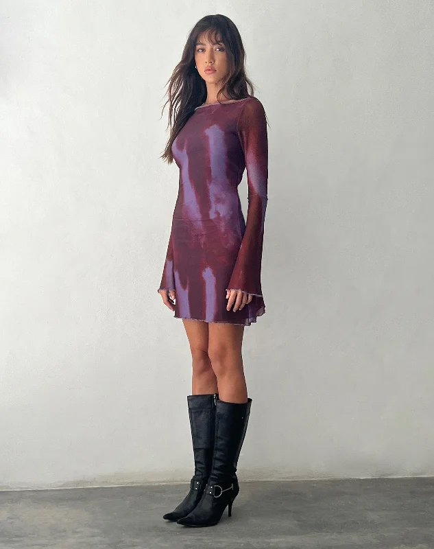 Sevila Long Sleeve Mini Dress in Mesh Watercolor Wine