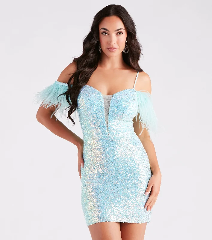 Shelly Sequin Feather Off-The-Shoulder Dress