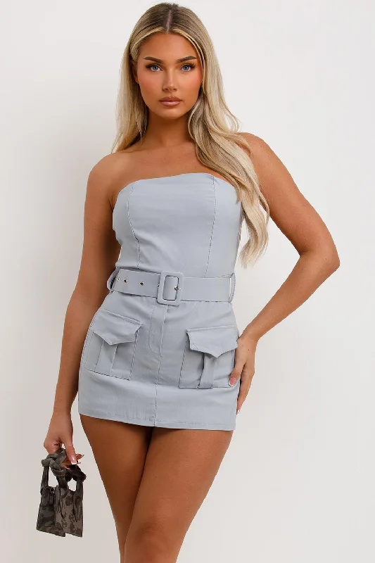 Skort Dress With Belt And Pockets Grey