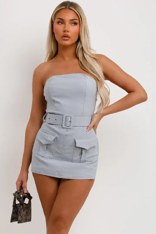 Skort Dress With Belt And Pockets Grey