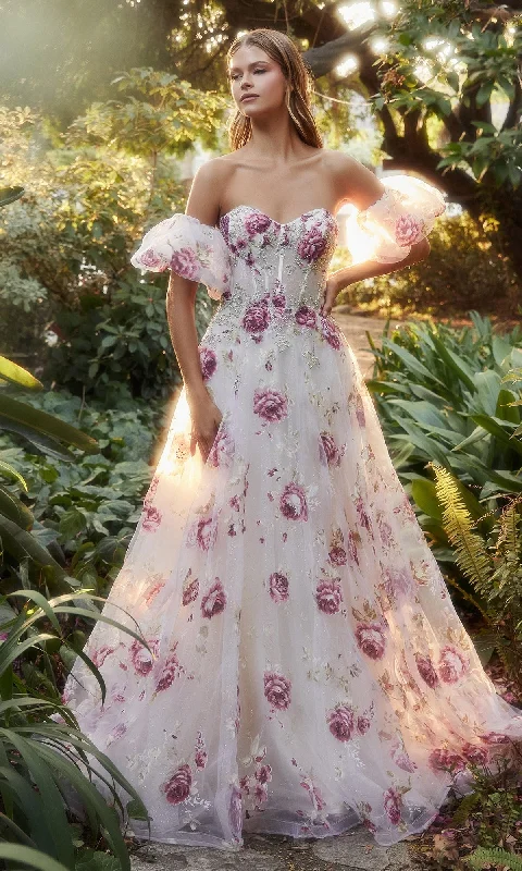 Puff-Sleeve Strapless Floral-Print Ball Gown A1133