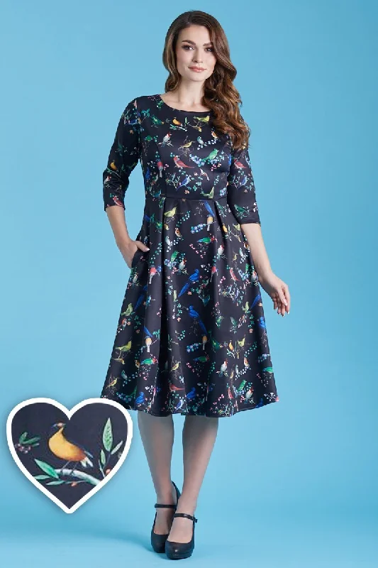 Beatrix Long Sleeved Midi Dress in Black Bird Print