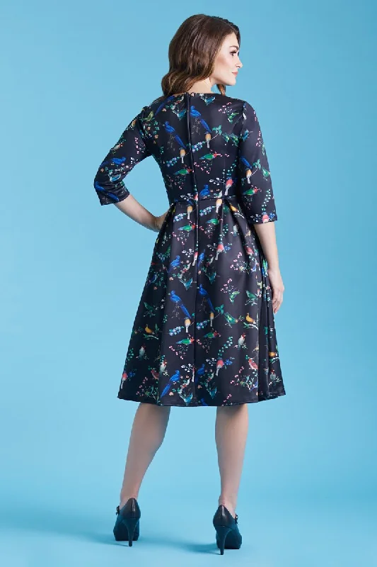 Beatrix Long Sleeved Midi Dress in Black Bird Print