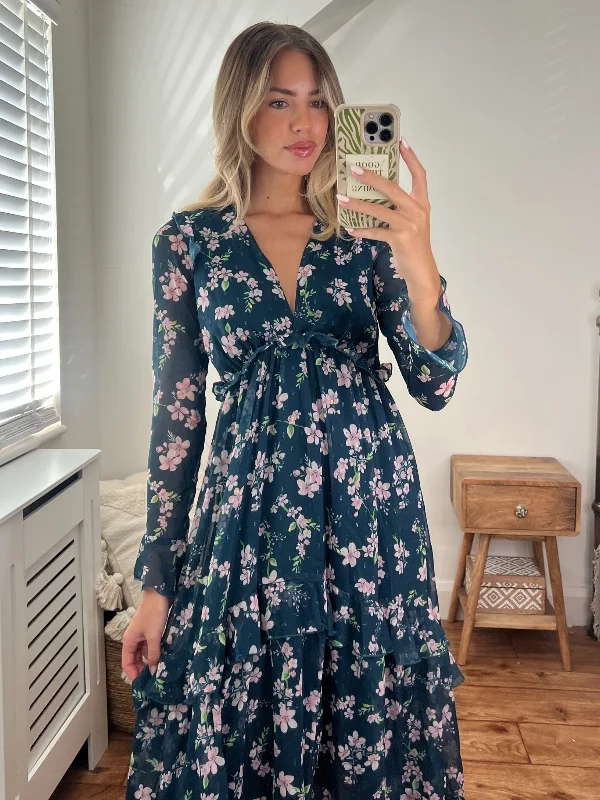 Birdie Frill Tie Back Dress / Teal Floral