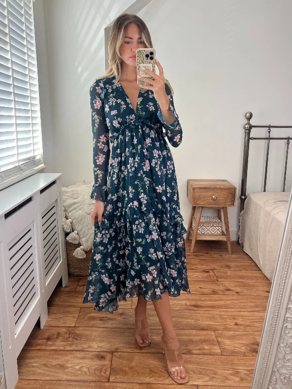 Birdie Frill Tie Back Dress / Teal Floral