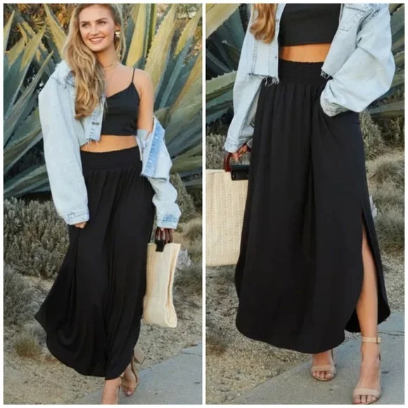 Black Smocked Waist Side Slit Pocket Maxi Skirt Casual Womens