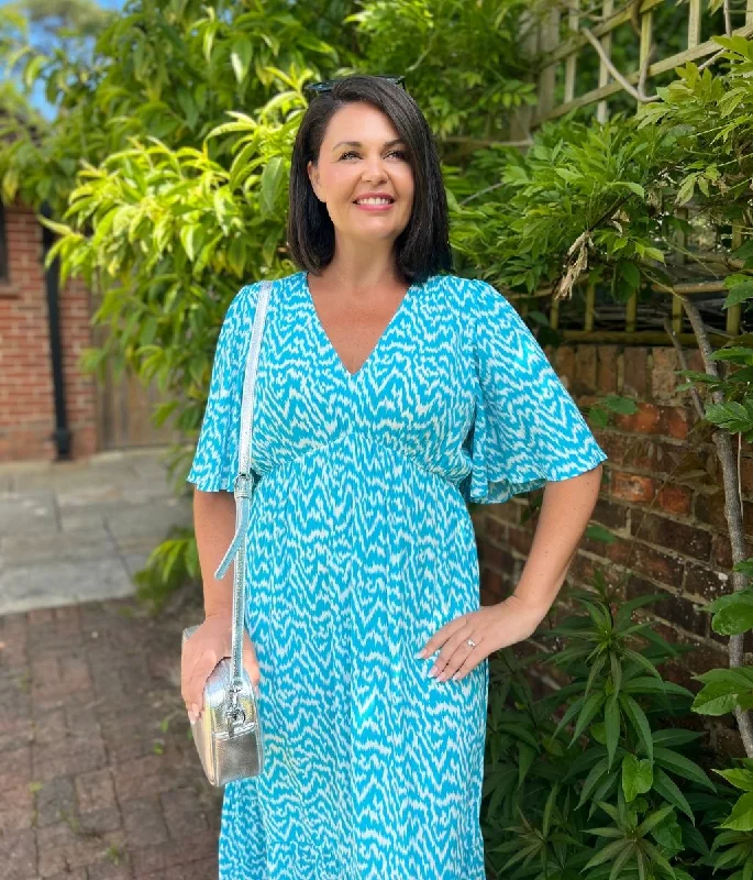 Blue Ikat Print Midi Dress