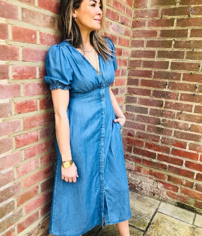 Blue Tencel Button Through Midi Dress