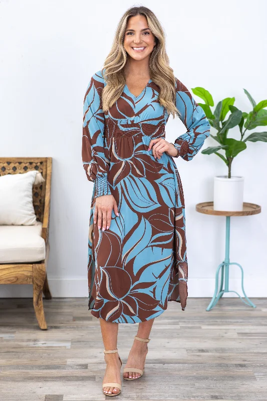 Brown and Dusty Blue Long Sleeve Maxi Dress