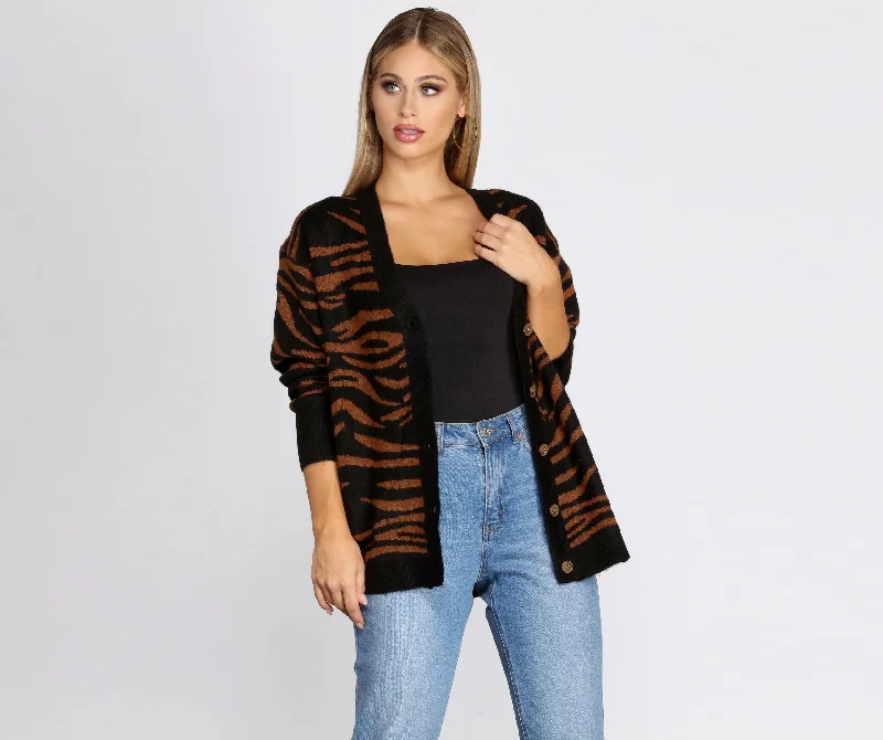 Buttoned Zebra Print Cardigan