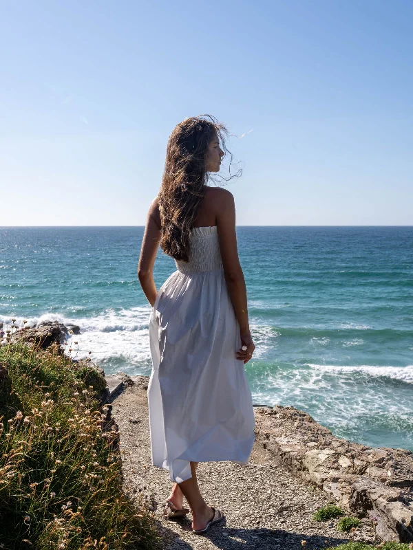 Betty Cotton Shirred Bandeau Dress in White