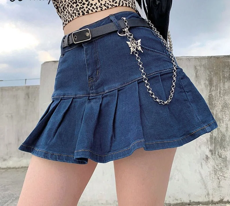 MegaBetty - Weekeep Women Jeans Skirts High Waist Fashion Pleated Skirt Buttons Fly Rave Party Club Streetwear New Ruffles Skinny Blue Skirt 0424