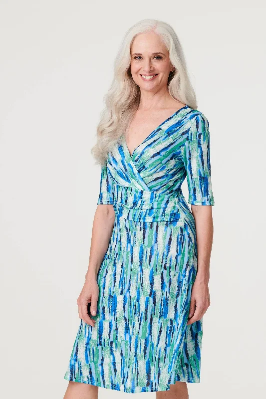 Printed 1/2 Sleeve Faux Wrap Dress