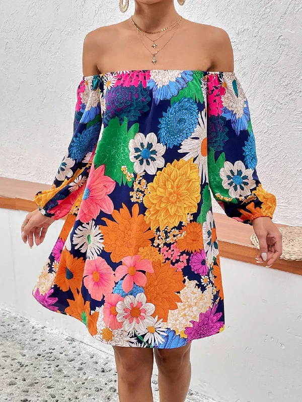 Floral Print Off Shoulder Lantern Sleeve Dress