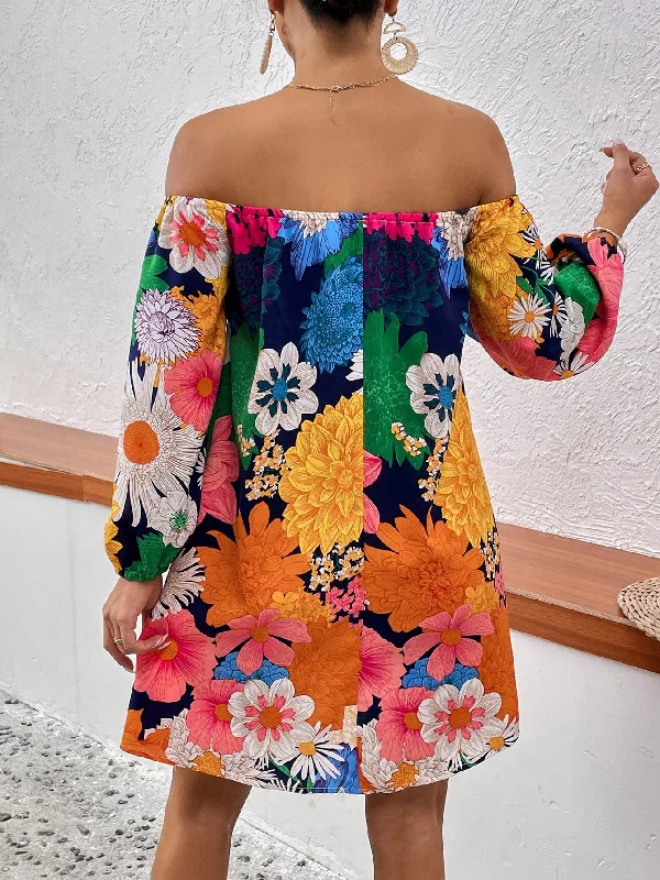 Floral Print Off Shoulder Lantern Sleeve Dress