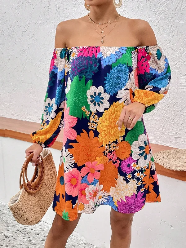 Floral Print Off Shoulder Lantern Sleeve Dress