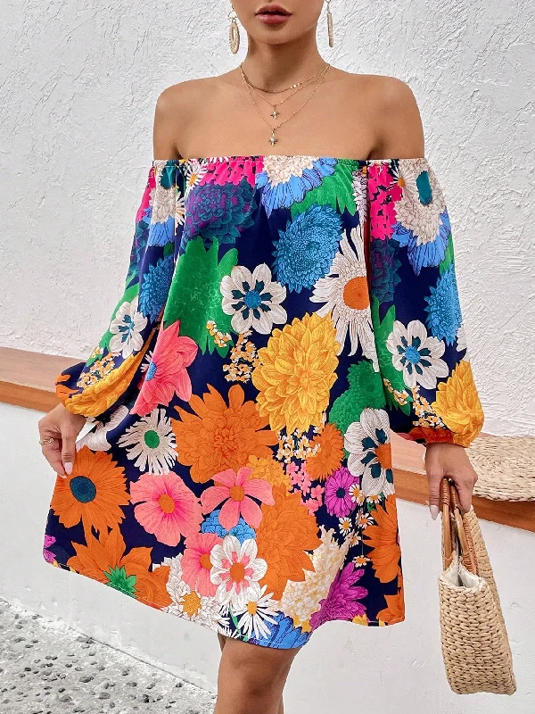 Floral Print Off Shoulder Lantern Sleeve Dress