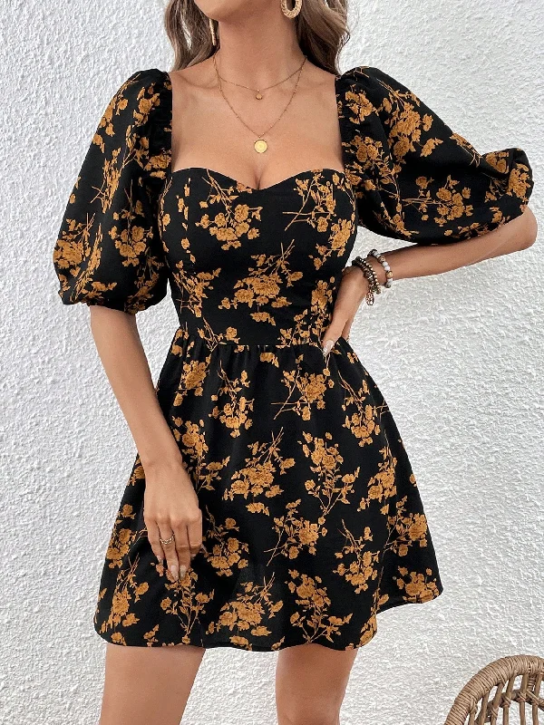 Floral Print Sweetheart Neck Puff Sleeve Dress