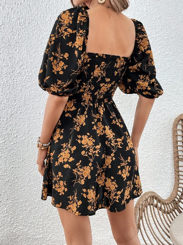 Floral Print Sweetheart Neck Puff Sleeve Dress