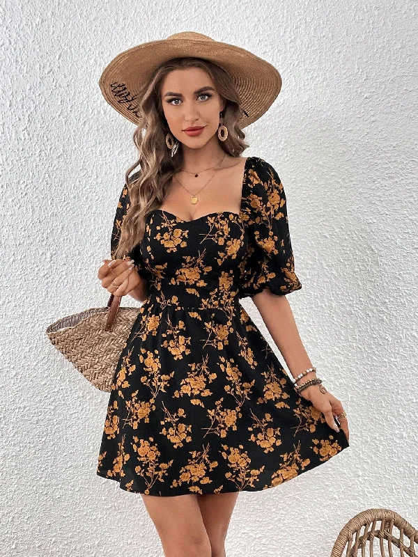 Floral Print Sweetheart Neck Puff Sleeve Dress