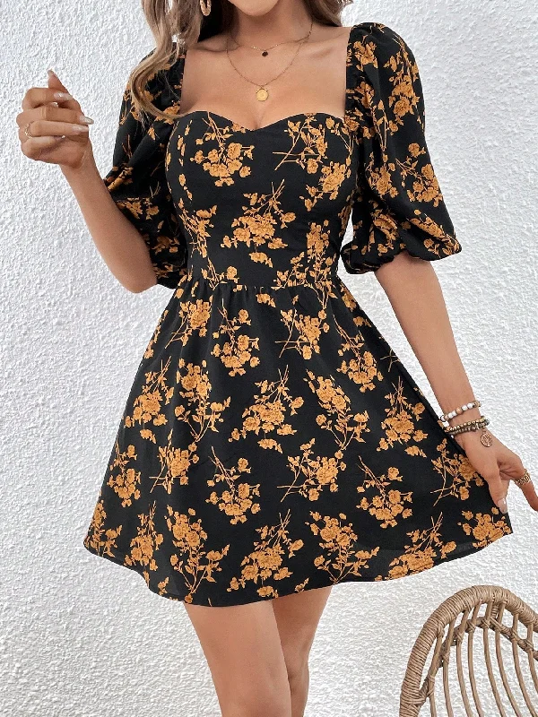 Floral Print Sweetheart Neck Puff Sleeve Dress