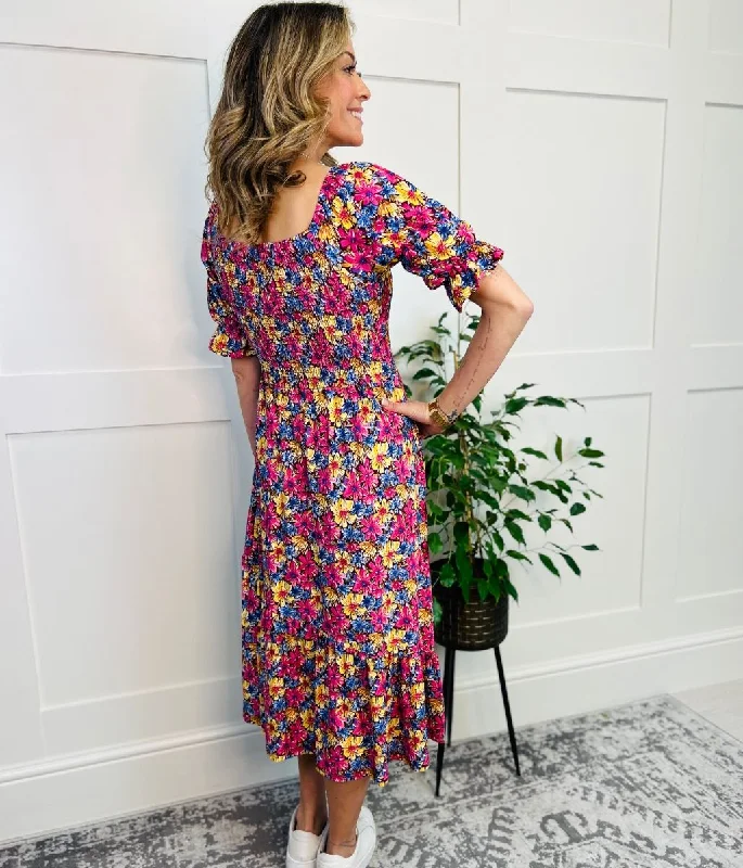 Floral Shirred Tassel Midi Dress