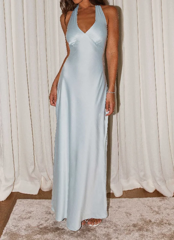 Heavy Hearted Satin Maxi Dress - Ice Blue