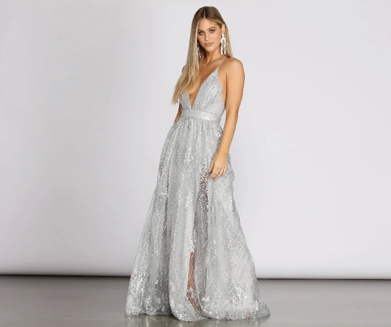 Janica Plunging Glitter A-Line Dress