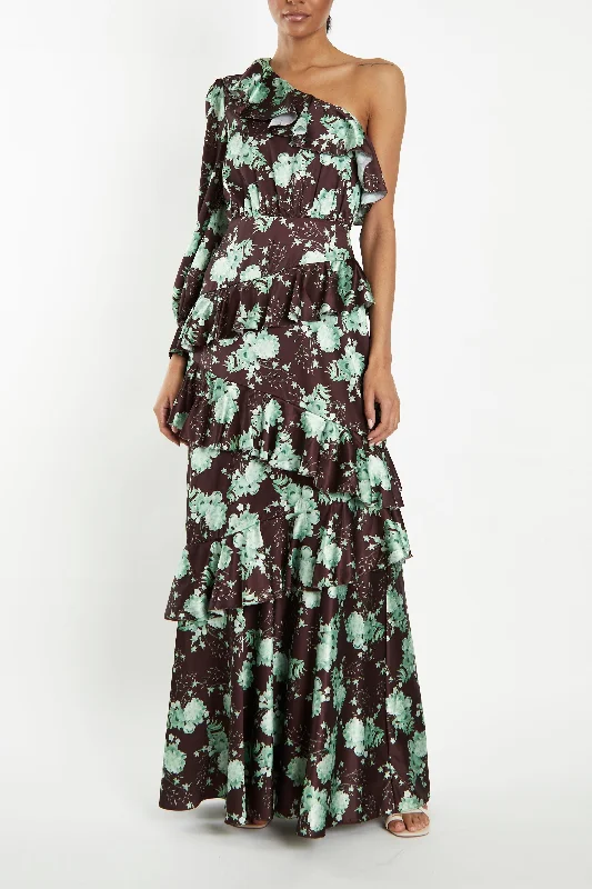 Ottilie Brown-Sage-Rose One-Shoulder Ruffled Layered Maxi-Dress