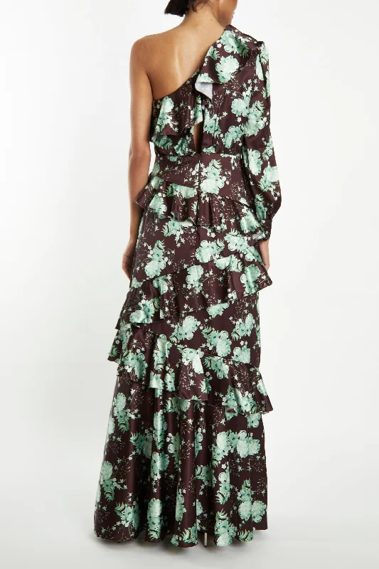 Ottilie Brown-Sage-Rose One-Shoulder Ruffled Layered Maxi-Dress