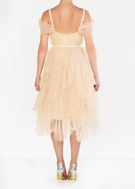 Isla Cream Pleated Petal Skirt Midi-Dress