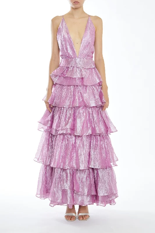 Nova Pink Metallic Pleated Tiers Plunging Maxi-Dress