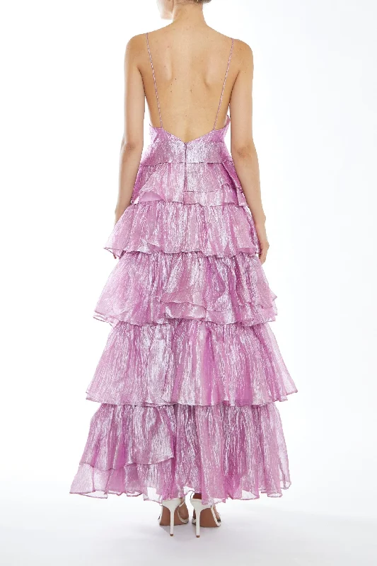 Nova Pink Metallic Pleated Tiers Plunging Maxi-Dress