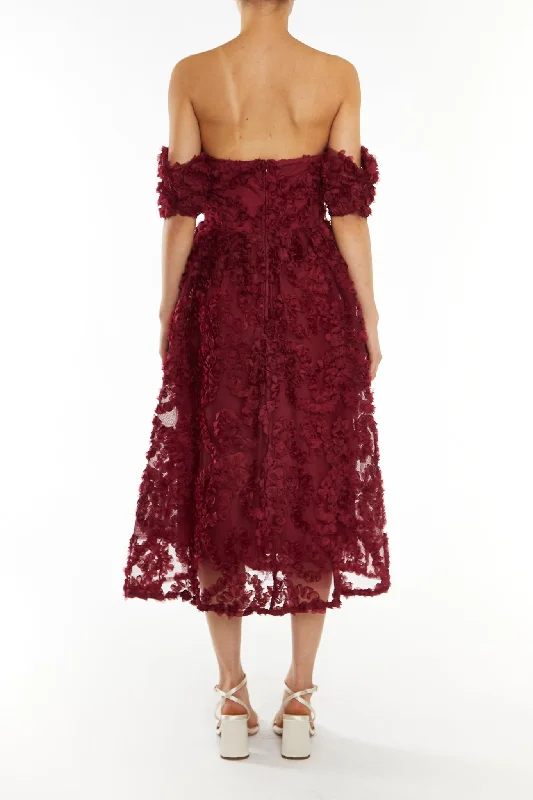 Amelia Burgundy Bardot Bust Cup Midi Dress