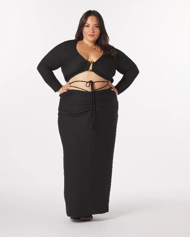 “Luna” Knit Tie-Around Maxi Skirt in Black