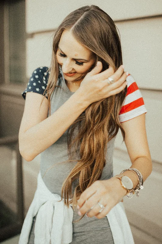 Patriotic Tee Dresses: Gray Body with One Stripe Sleeve and One Star Sleeve