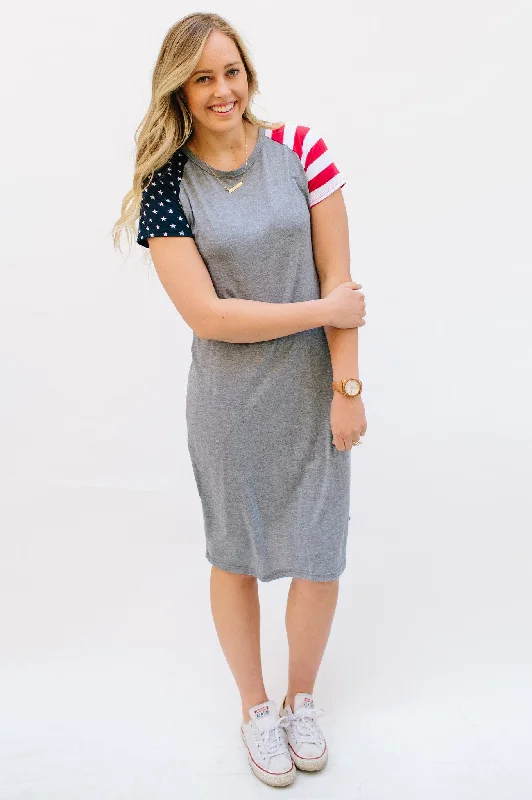 Patriotic Tee Dresses: Gray Body with One Stripe Sleeve and One Star Sleeve