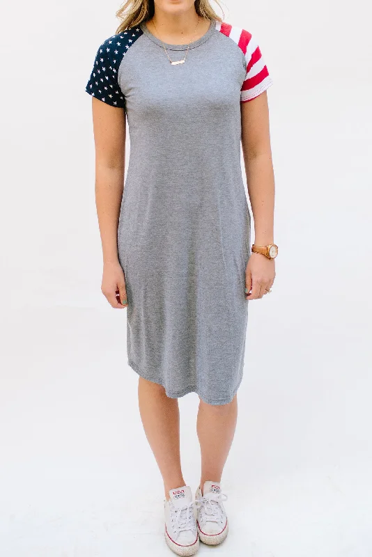 Patriotic Tee Dresses: Gray Body with One Stripe Sleeve and One Star Sleeve