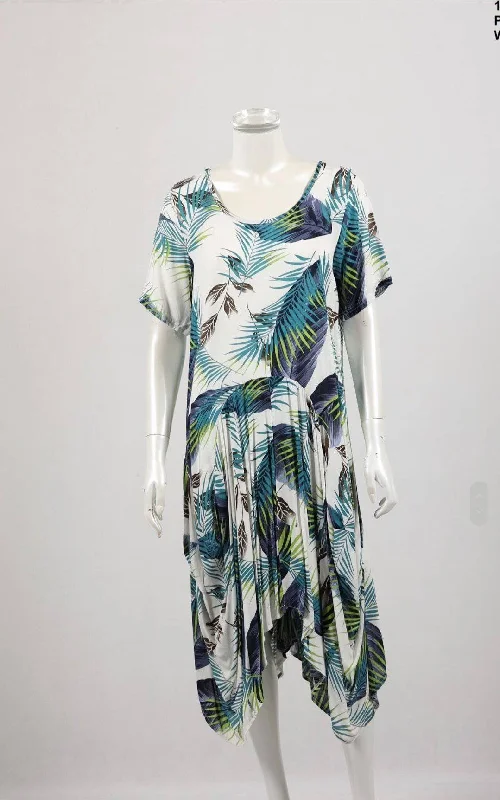 Summer Dress Large Leaf Print In Green Pinched Hem