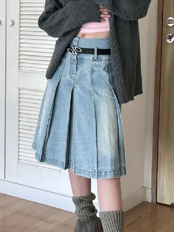 Pleated Denim Skirt: Korean Fashion Vintage High Waist Knee-Length A-line Midi Skirt