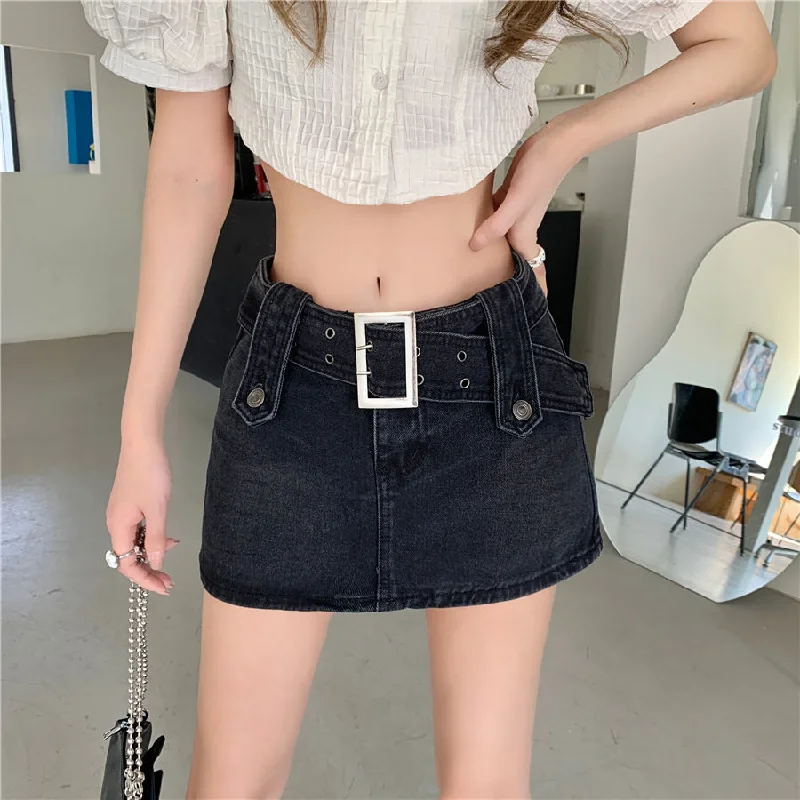 Punk Denim Belted Low Waist Micro Skirt