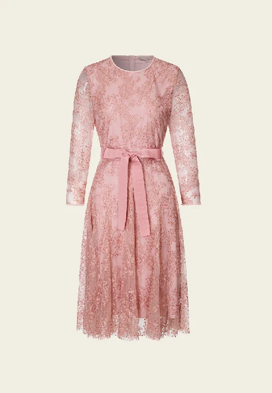 Pink Embroidered Mesh Cocktail Dress