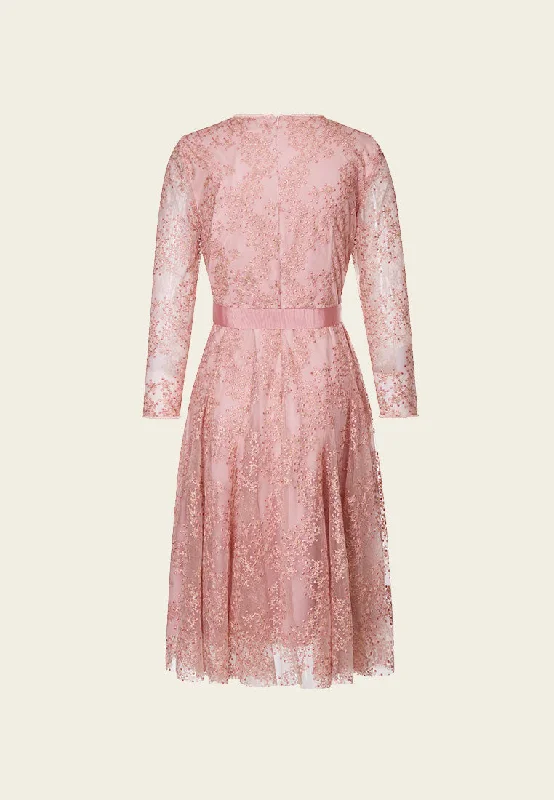 Pink Embroidered Mesh Cocktail Dress